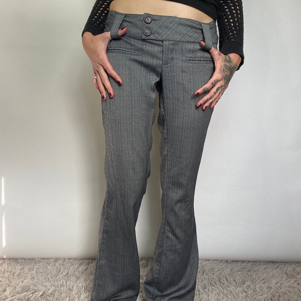 Y2K Spacegirlz Gray Pinstripe Lowrise Flare Office Siren Dress Pants 90's Grunge